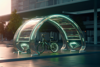 城市太阳能充电自行车站效果摄影图