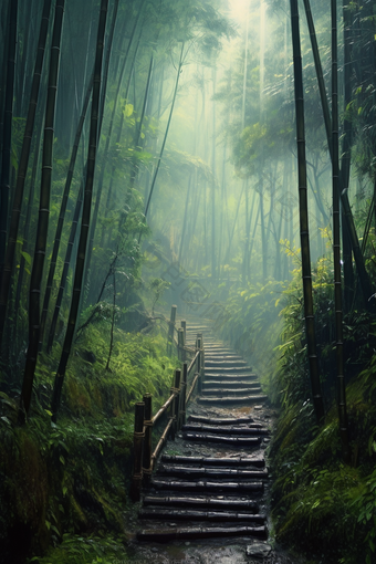自然雨雾气竹子森林完整的活力小道摄影图30
