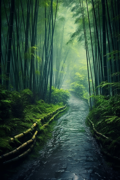 自然雨雾气竹子森林完整的活力小道摄影图26