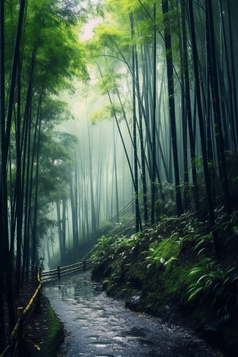 自然雨雾气竹子森林完整的活力小道摄影图27