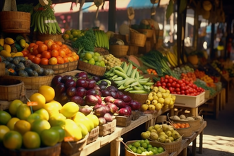 市场中的蔬果摊位苹果橙子