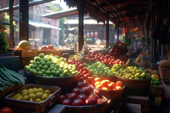 市场中的蔬果摊位橙子西瓜