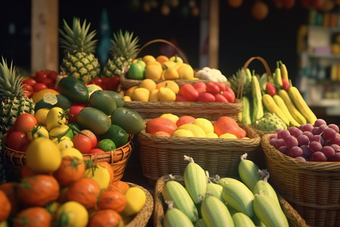 市场中的蔬果摊位水果柠檬