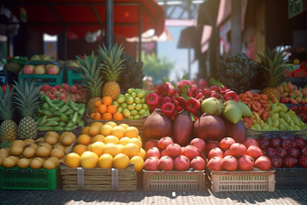 市场中的蔬果摊位水果蔬菜