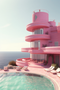 粉色海边豪宅别墅摄影图32
