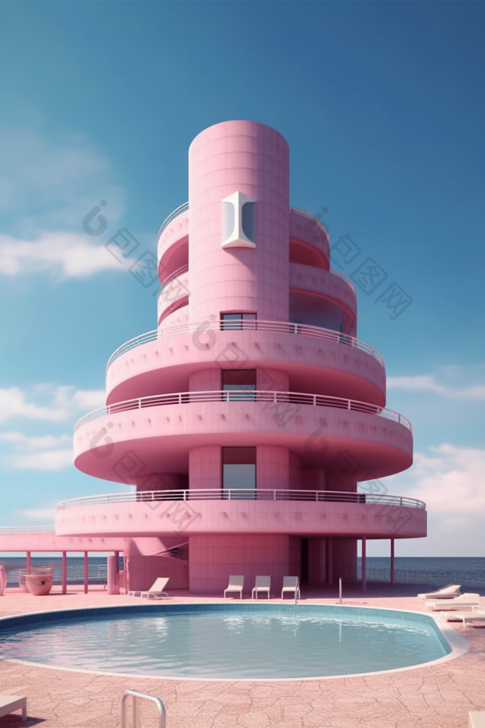 粉色海边豪宅别墅摄影图13