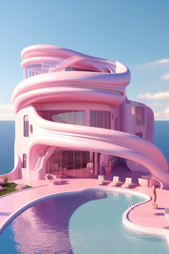 粉色海边豪宅别墅摄影图11