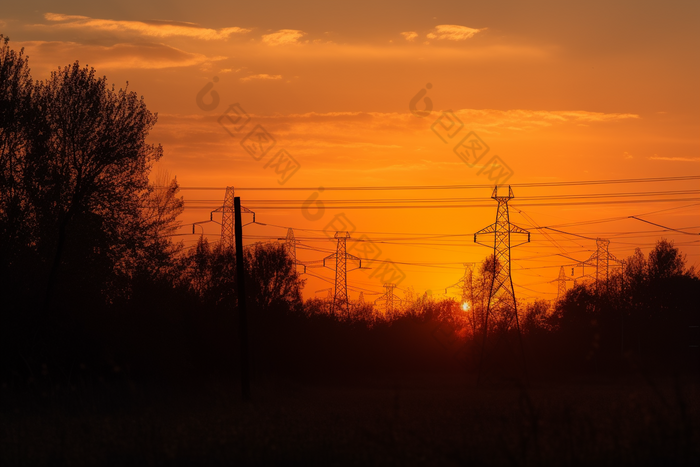 黄昏下的电线杆夕阳橘色