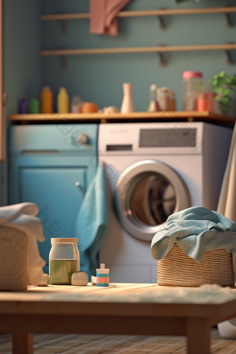 洗衣房的毛巾与洗衣液洗涤剂液