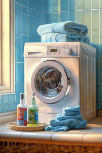 洗衣房的毛巾与洗衣液摄影图1