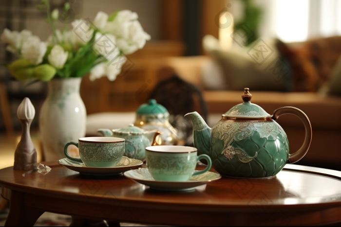 复古精美陶瓷茶具舒适花朵图片-包图网