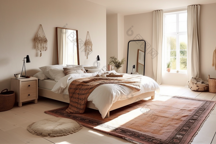 明亮温馨卧室设计台灯植物图片-包图网