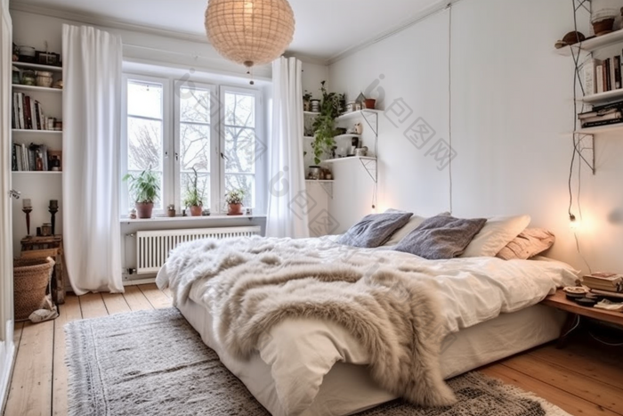 明亮温馨卧室设计被子装修图片-包图网