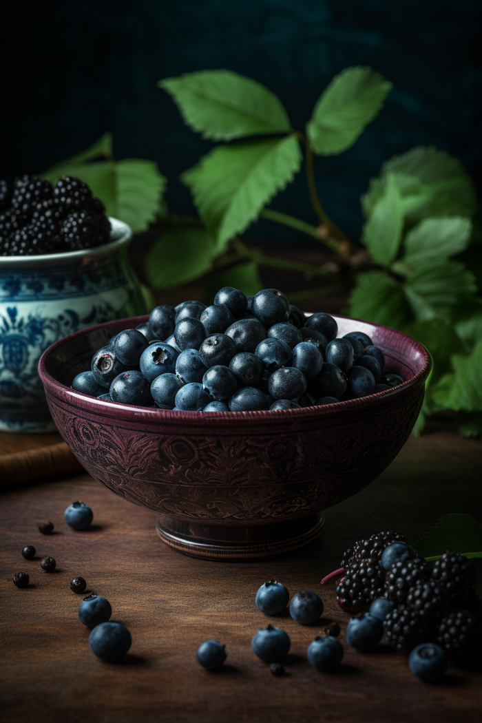 夏日的蓝莓水果盆子树叶