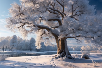冬天白雪皑皑的公园树植物