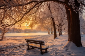 冬天白雪皑皑的公园冬季阳光
