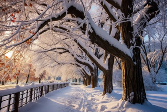 冬天白雪皑皑的公园冬季树木