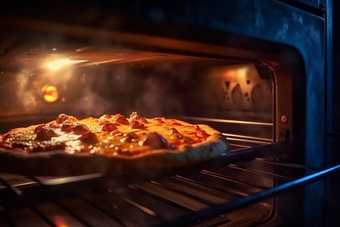 美味的披萨,烹饪内部一个温暖的电烤箱,宽拍摄完毕后,均匀点燃,黑暗背景下,细披萨烘焙时刻摄影图17