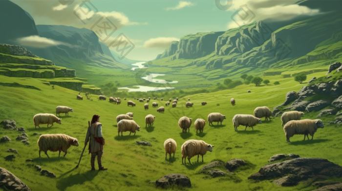 牧羊人草原放牧羊群丘陵插画图片-包图网