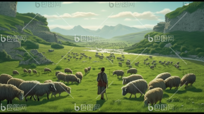 牧羊人草原放牧羊群早晨插画图片-包图网