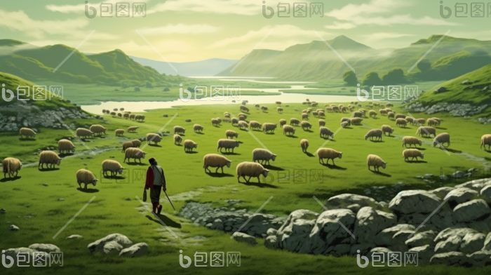 牧羊人草原放牧羊群人与动物插画图片-包图网