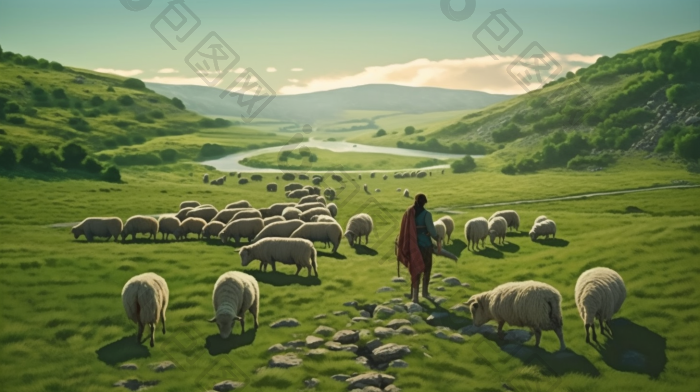 牧羊人草原放牧羊群游牧插画图片-包图网
