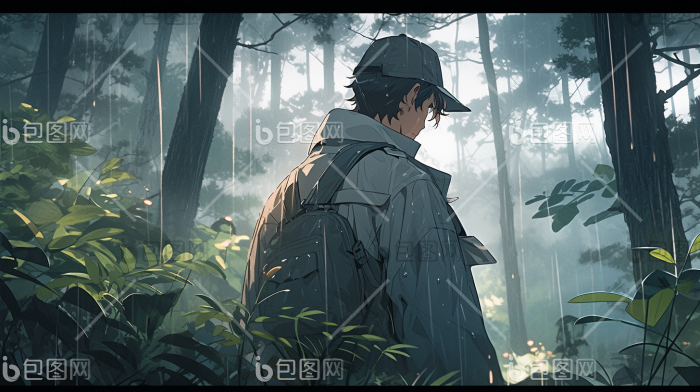 雨中森林漫步景深插画图片-包图网