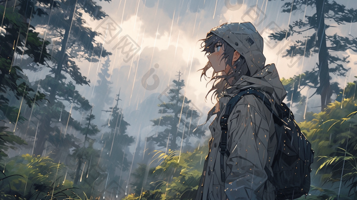 雨中森林漫步景深夏日插画图片-包图网