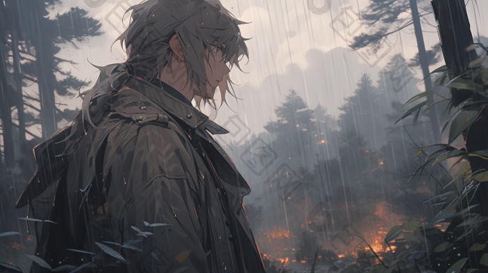 雨中森林漫步插画图片-包图网