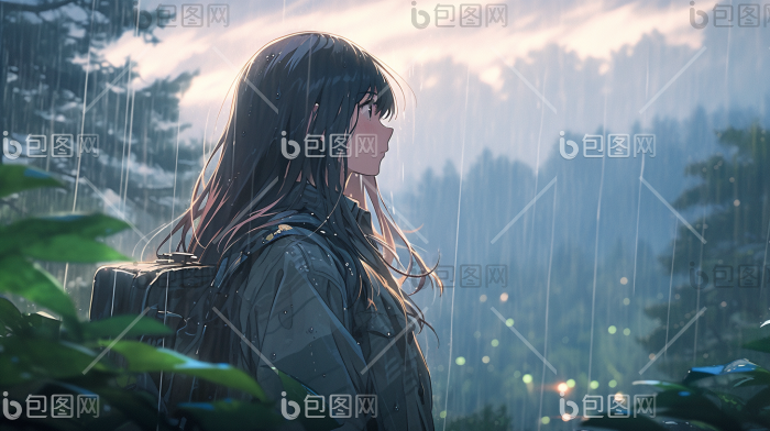 雨中森林漫步青年明亮插画图片-包图网