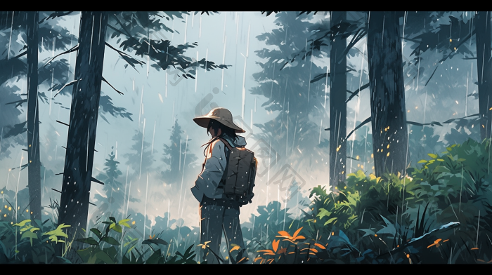 雨中森林漫步插画图片-包图网