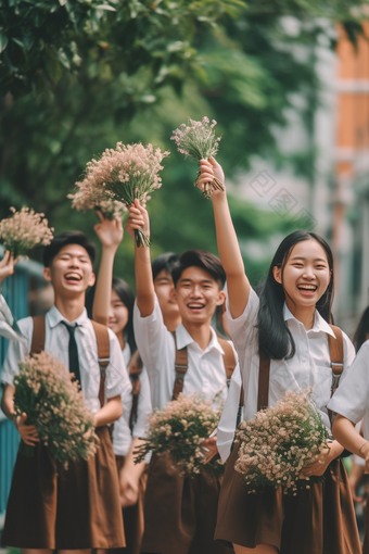 手捧鲜花的毕业季学生学习庆祝