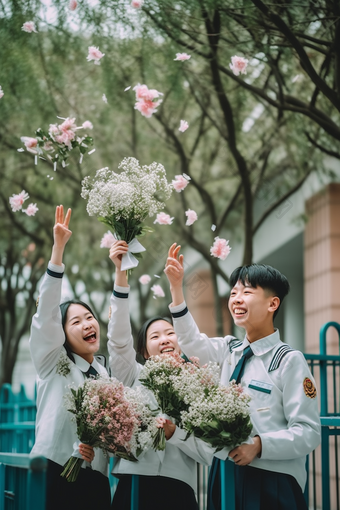 手捧鲜花的毕业季学生高清校服