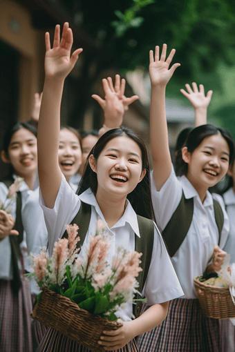 手捧鲜花的毕业季学生学习兴奋