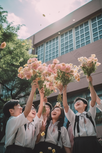 手捧鲜花的毕业季学生欢呼兴奋