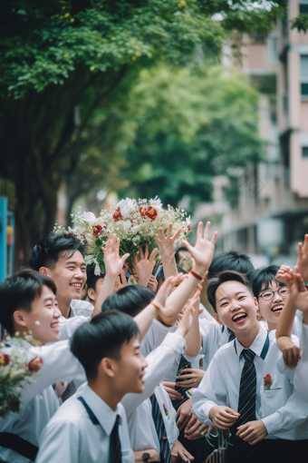 手捧鲜花的毕业季学生校服<strong>兴奋</strong>