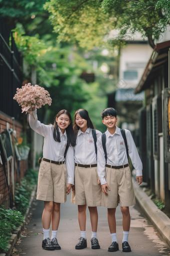 手捧鲜花的毕业季学生欢呼学习