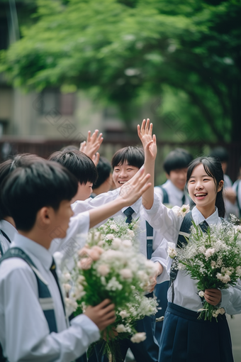 手捧鲜花的毕业季学生高清兴奋