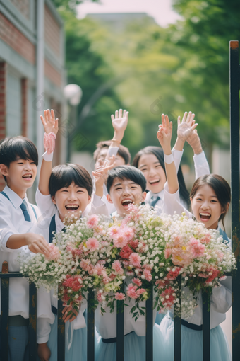 手捧鲜花的毕业季学生开心庆祝