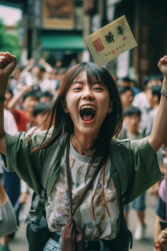 走出考场的女孩欢呼金榜题名