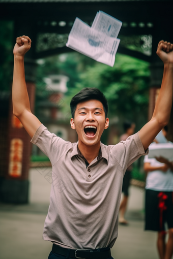 走出考场的男孩欢呼金榜题名