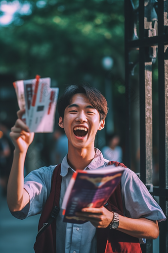 走出考场的男孩欢呼兴奋