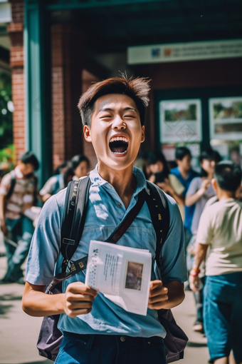 走出考场的男孩欢呼状元