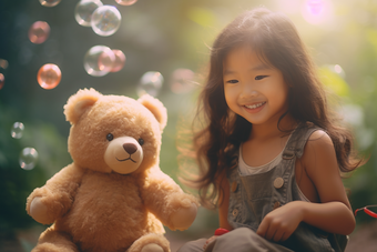 小女孩和小熊娃娃吹泡泡户外毛绒玩具