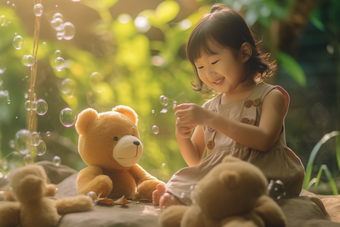 小女孩和小熊娃娃吹泡泡户外孩子