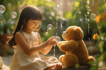 小女孩和小熊娃娃吹泡泡可爱玩具