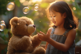 小女孩和小熊娃娃吹泡泡微笑小孩