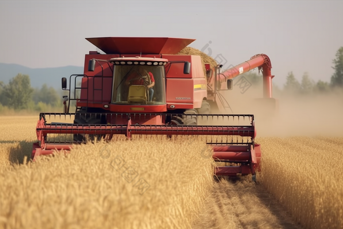 机器收割麦田金色农作物