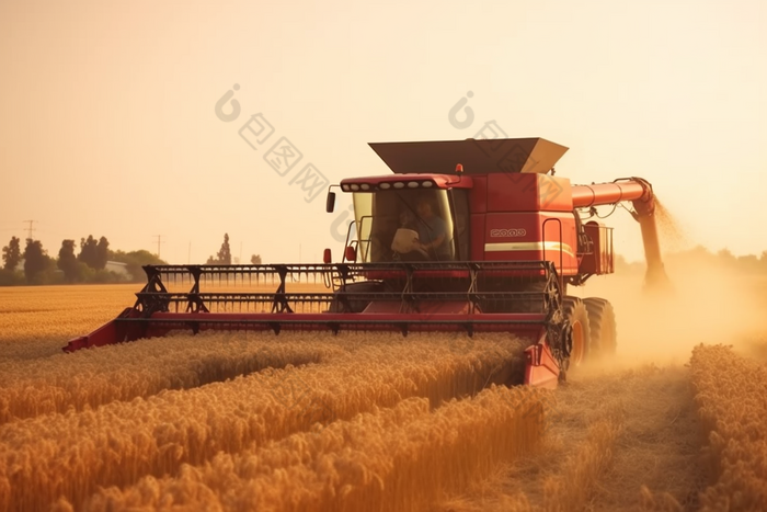 机器收割麦田农田农作物