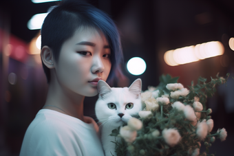 少女与猫咪花鲜花